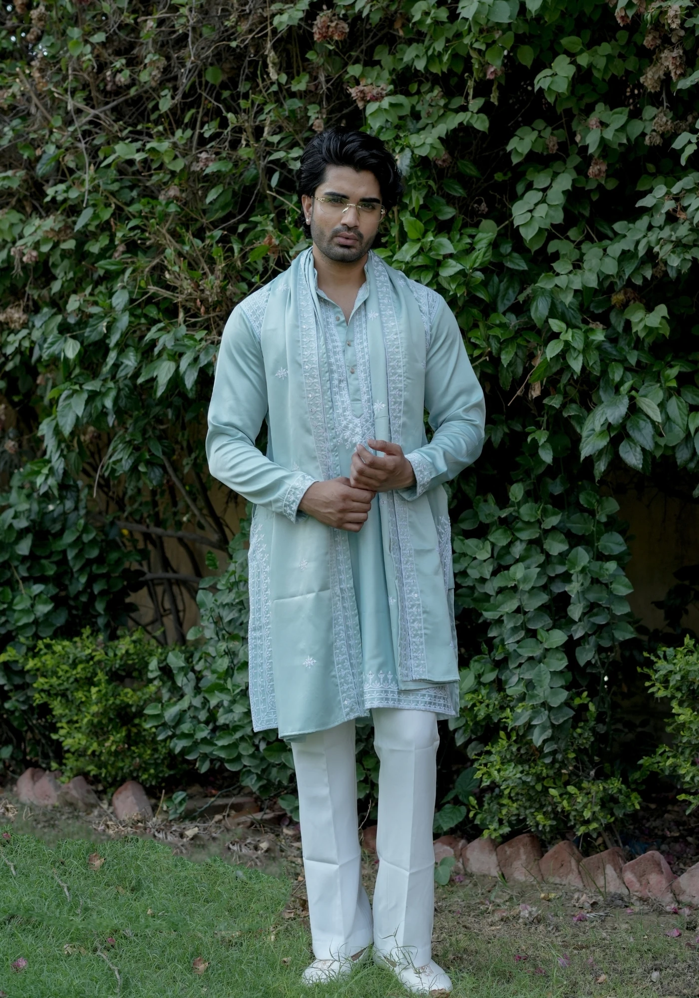 Ice Mint Noorjaal Rekha Embroidered Kurta Dupatta Set - view 6