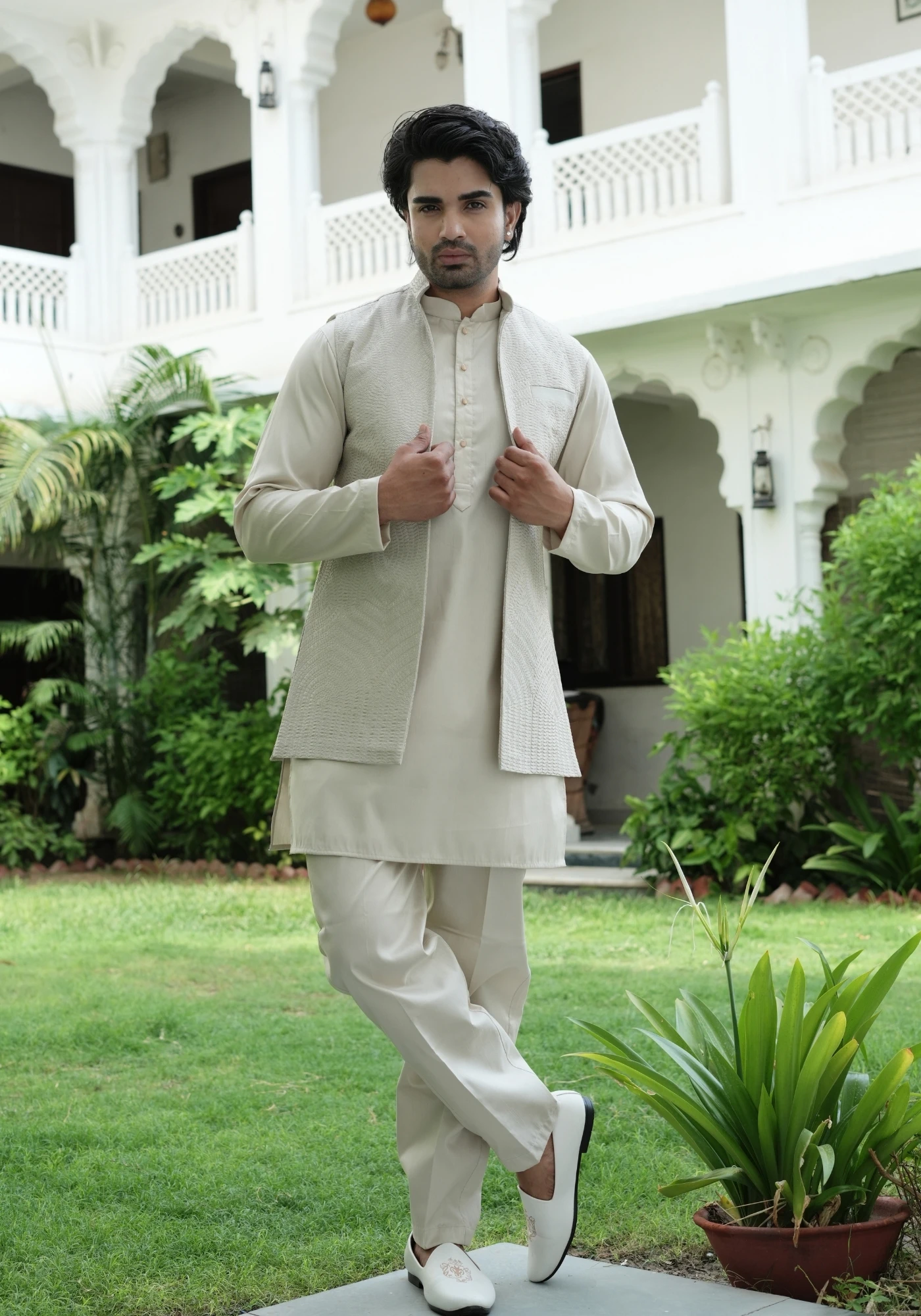 Beige Riwaayat Vastra Embroidered Koti Kurta Pant Set