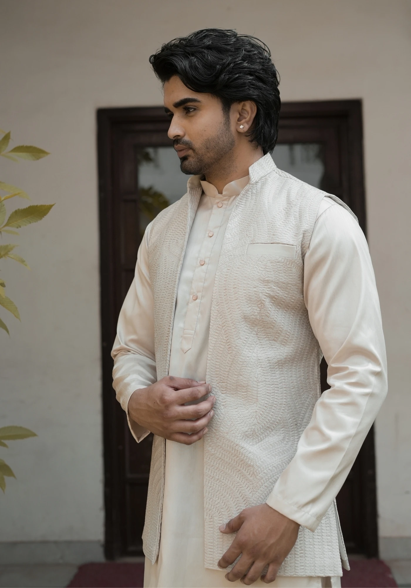 Beige Riwaayat Vastra Embroidered Koti Kurta Pant Set - view 3