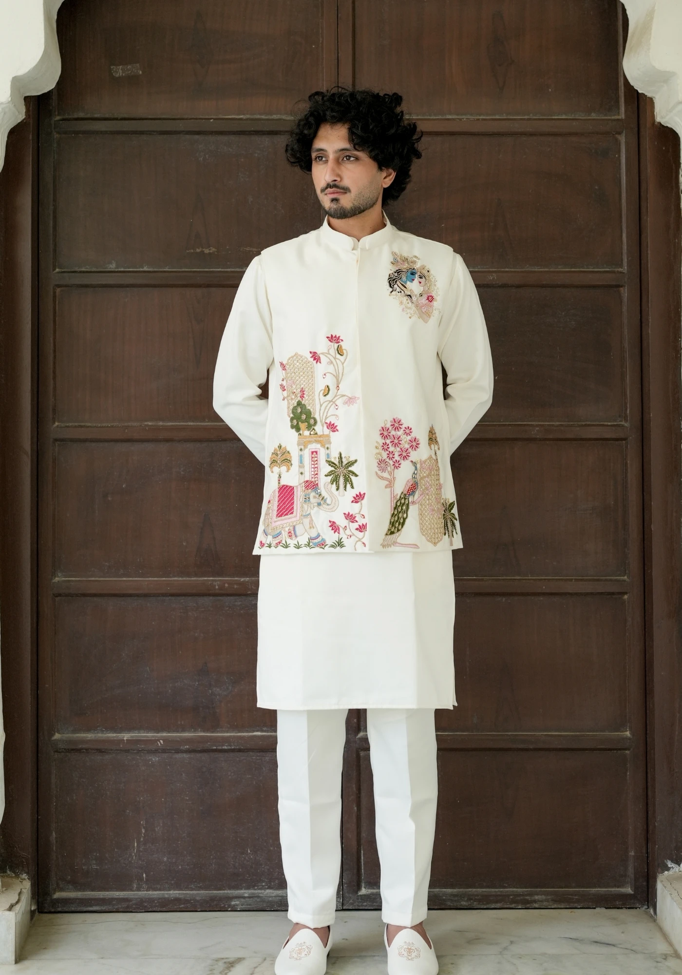 Off White Riwaayat Rangmahal Radha Krishna Embroidered Koti Kurta Pant Set
