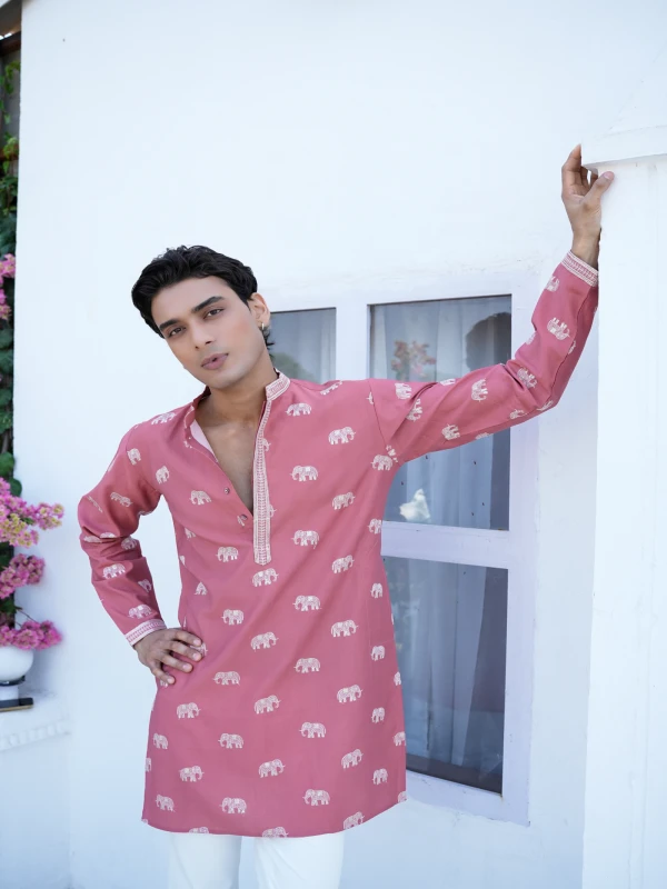 Men Rose Pink Elephant Print Kurta Contemporary Festive Wear
