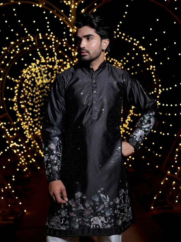 Midnight Black Embroidered Festive Kurta
