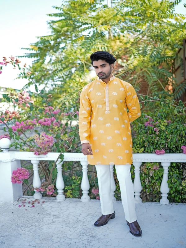 Mens Yellow Elephant Print Kurta Contemporary Festive Wear