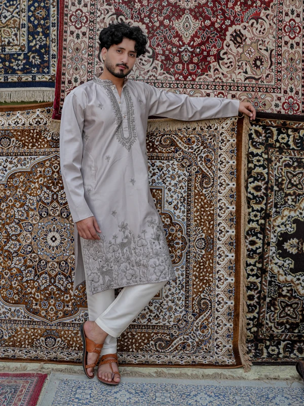 Smoke Grey Embroidered Designer Kurta