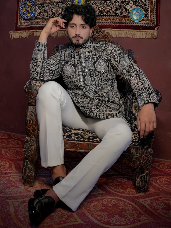 Designer Black Ethnic Kurta for Men Royal Embroidered Party Wear Kurta