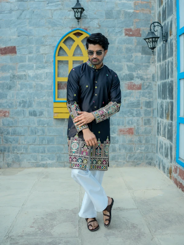 Mens Black Multicolor Embroidered Designer Front Open Indo Western Kurta