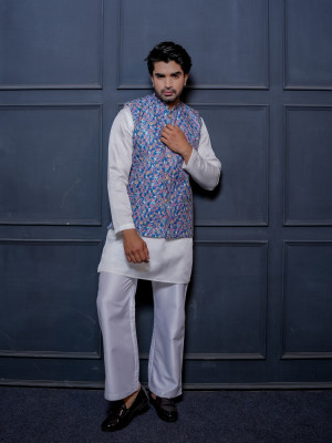 Blue Printed Koti with Ivory Kurta Festive Ethnic Set