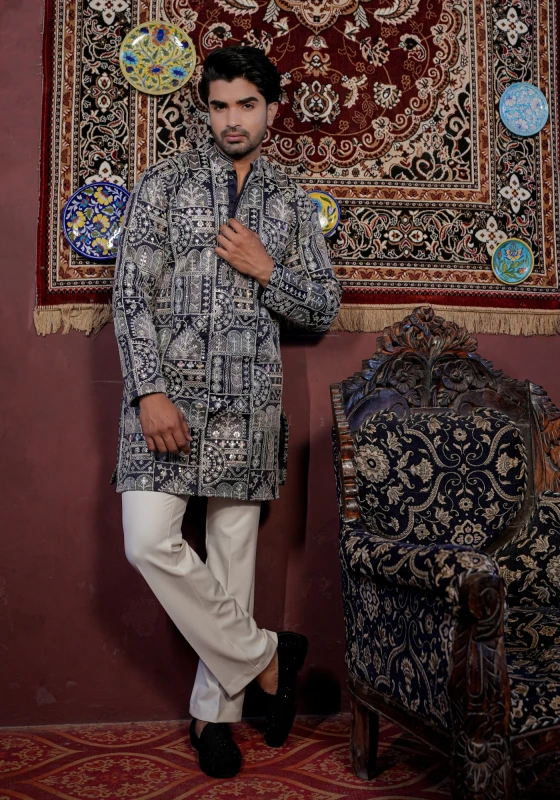 Midnight Blue Rangrez Jharokha Naqsh Embroidered Kurta