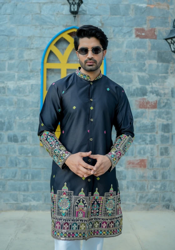 Classic Black Sheher Naqsh Front Open Embroidered Kurta