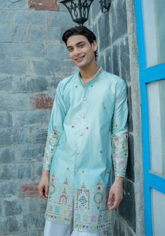 Sky Blue Sheher Naqsh Front Open Embroidered Kurta