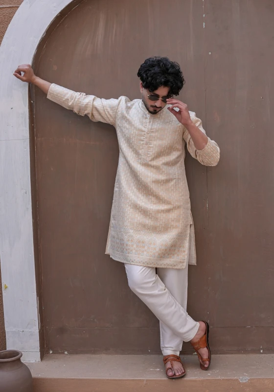 Beige Nazakat Belrekha Jacquard Kurta