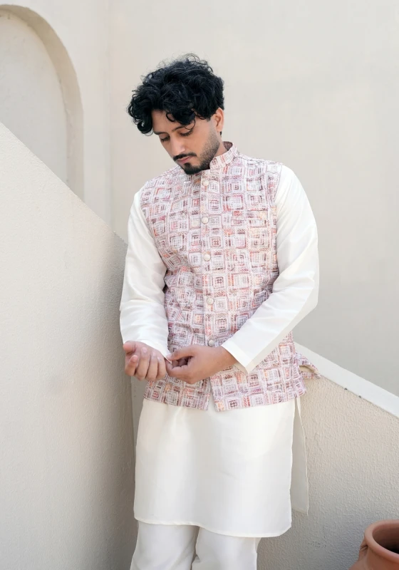 Blush Riwaayat Gulchowk Woven Koti Kurta Pant Set