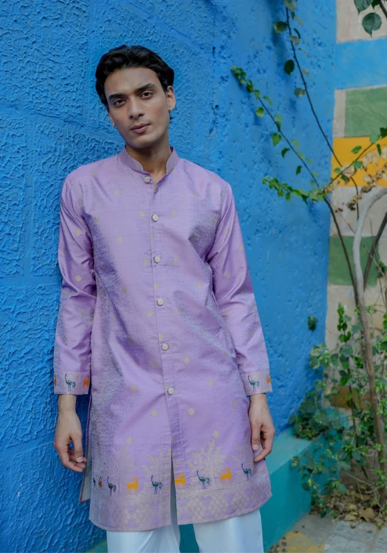 Lavender Bunaavat Pashu Baagh Jacquard Front Open Kurta
