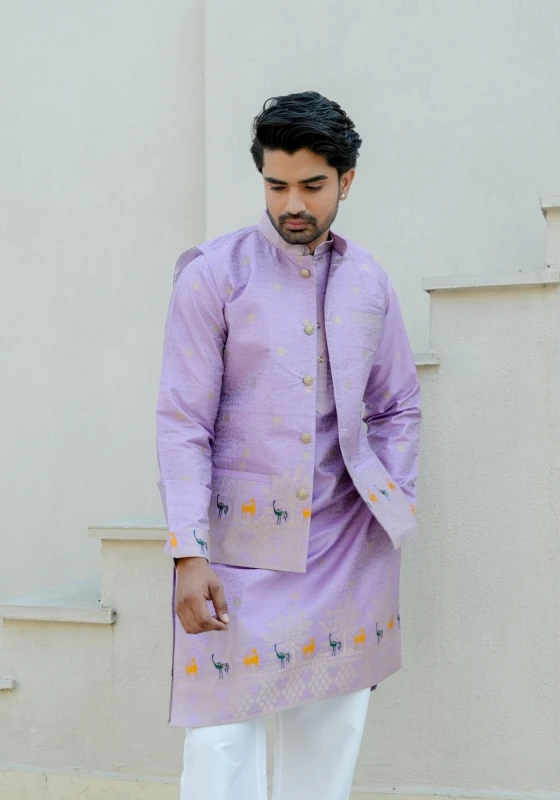 Lavender Bunaavat Pashu Baagh Jacquard Koti Kurta Set