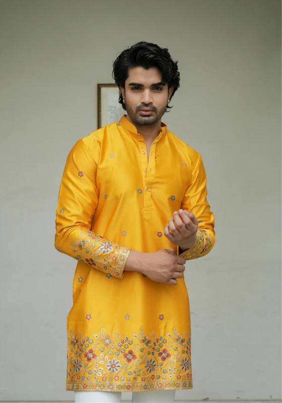 Mustard Yellow Noorjaal Gulrang Embroidered Kurta