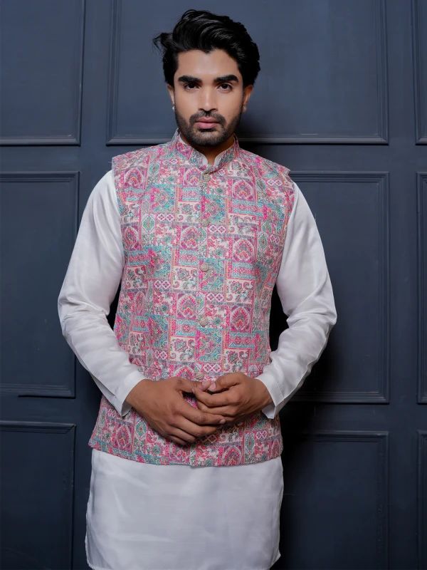 Pink Printed Koti with Ivory Kurta Festive Ethnic Set