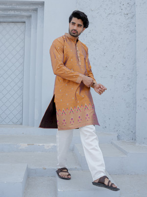 Men’s Mustard Jacquard Ethnic Kurta with Woven Motifs