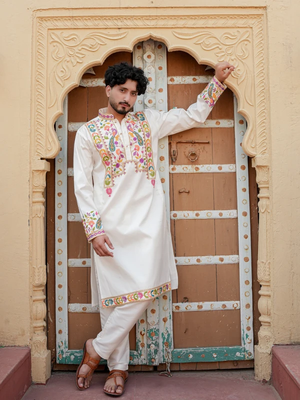 Mens White Multicolor Embroidered Designer Kurta Festive Wear