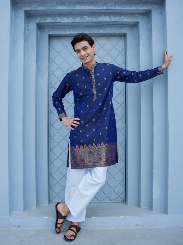 Men’s Royal Blue Jacquard Ethnic Kurta with Woven Motifs