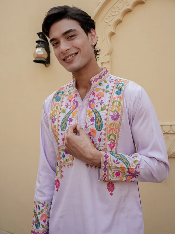 Mens Lilac Multicolor Embroidered Designer Kurta Festive Wear