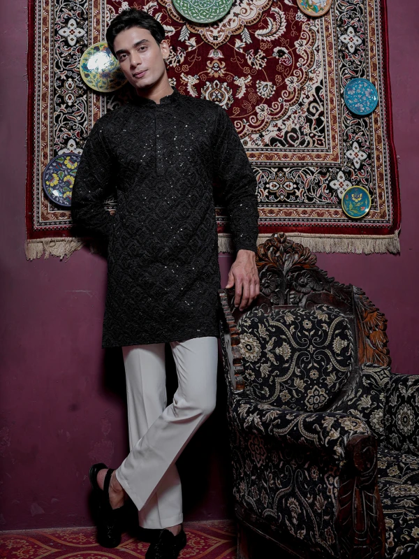 Mens Black Sequin Embroidered Designer Kurta Premium Party & Wedding Ethnic Wear