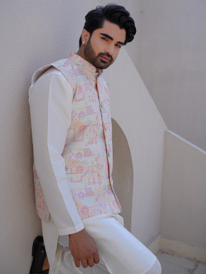 Ivory Kurta Pant Set with Peach Printed Nehru Jacket