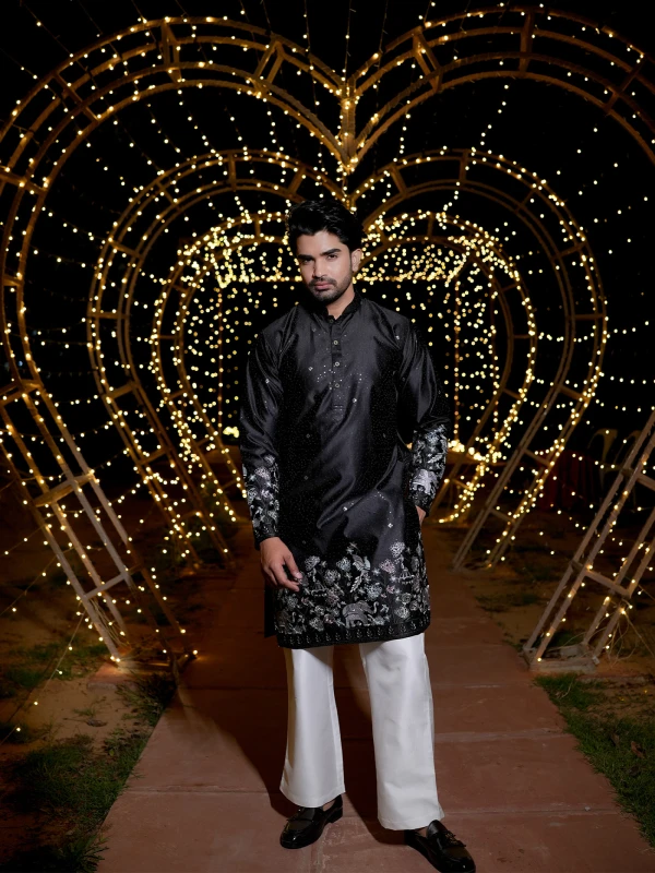 Midnight Black Embroidered Festive Kurta