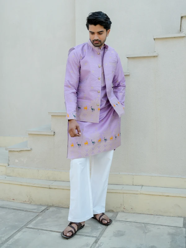 Mens Lavender Jacquard Animal Pattern Kurta with Jacket Festive Ethnic Set