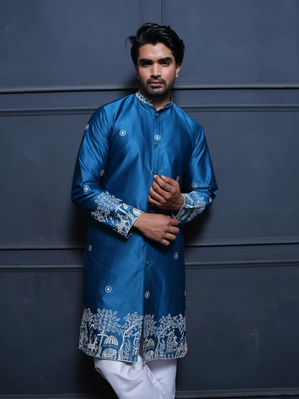 Teal Blue Embroidered Designer Kurta Royal Festive Wear