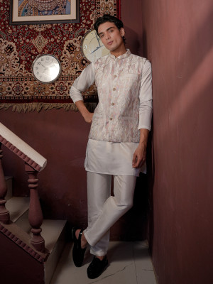 Men Kurta Pajama with Embroidered Nehru Jacket Classic Wedding & Festive Ethnic Set
