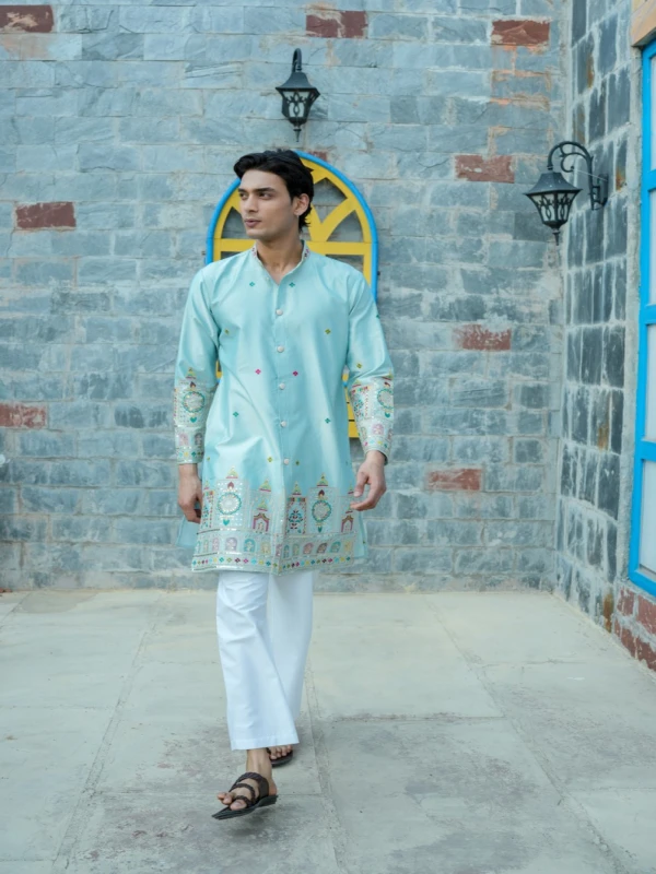 Mens Skyblue Multicolor Embroidered Designer Front Open Indo Western Kurta
