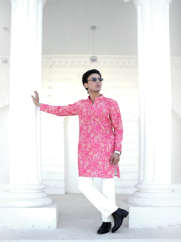Men Hot Pink Heritage Print Schiffli Embroidered Kurta Statement Festive Wear