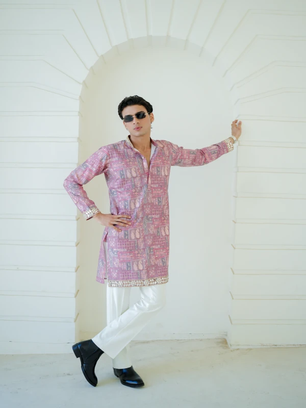 Men Printed Kurta with Ethnic Patchwork Design Stylish Festive & Wedding Wear Kurta