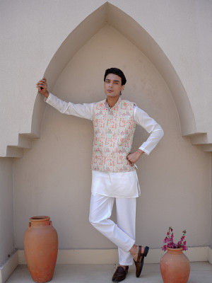 Ivory Kurta Pant Set with Orange Printed Nehru Jacket