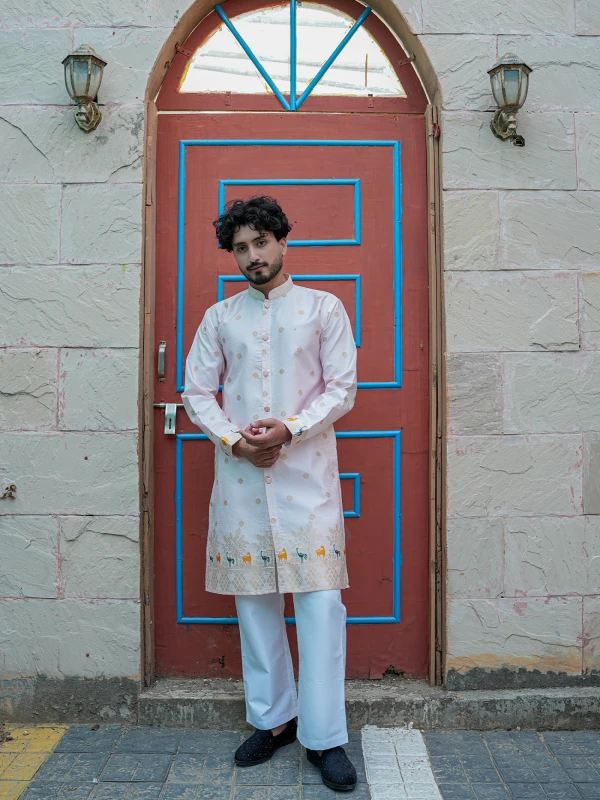Mens Pink Jacquard Designer Kurta Contemporary Festive Wear