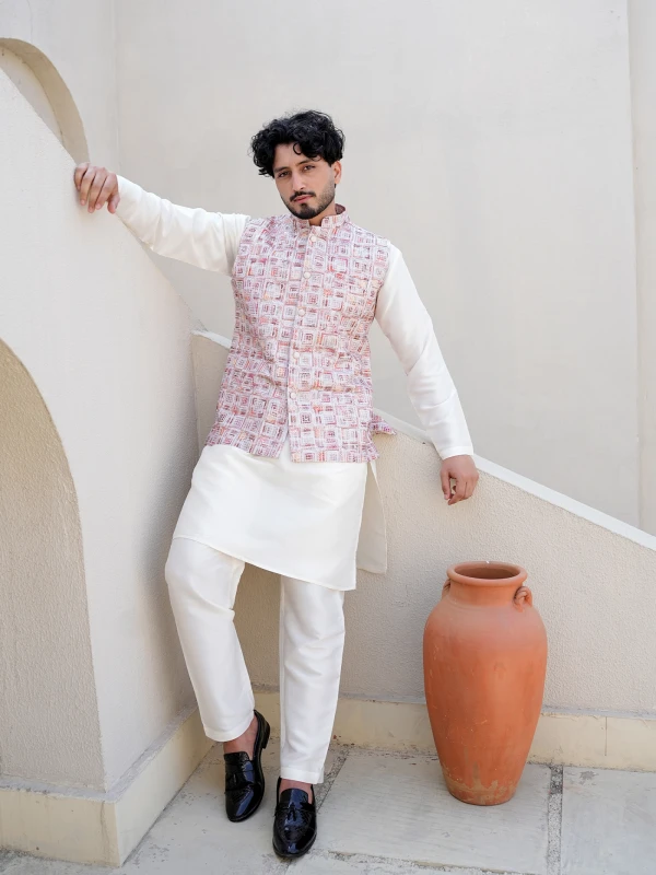 Ivory Kurta Set with Pink Textured Nehru Jacket Elegant Wedding Ensemble