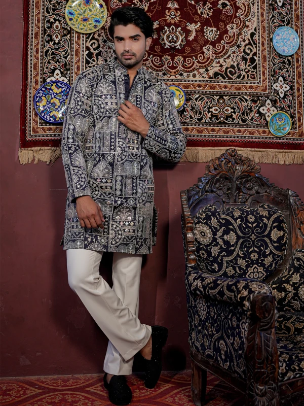 Mens Premium Blue Thread Embroidery Kurta Festive Wedding Ethnic Wear