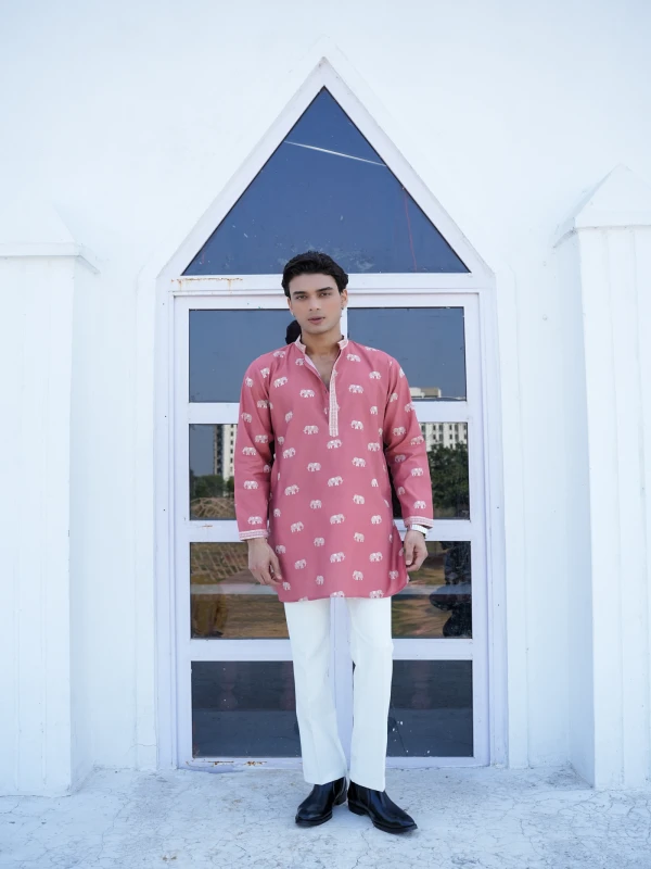 Men Rose Pink Elephant Print Kurta Contemporary Festive Wear