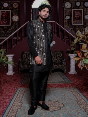 Mens Black Koti Kurta Set with Embroidered Nehru Jacket Royal Festive Wear