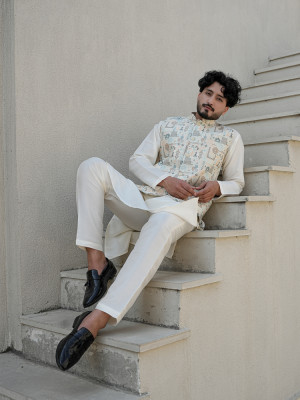 Ivory Kurta Pajama Set with Pastel Printed Nehru Jacket