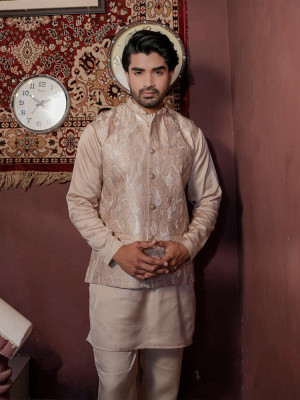 Men Beige Kurta Pajama with Embroidered Nehru Jacket Elegant Wedding & Festive Ethnic Set