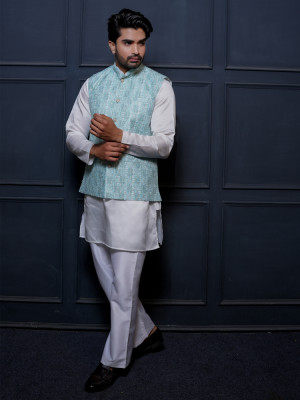 Green Printed Koti with Ivory Kurta Festive Ethnic Set