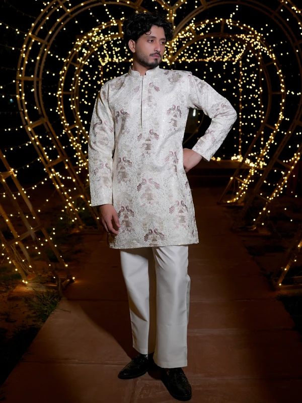 Men’s Ivory Embroidered Silk Blend Kurta