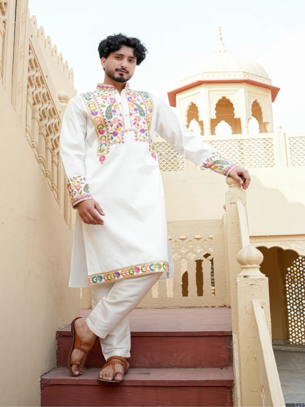 Mens White Multicolor Embroidered Designer Kurta Festive Wear