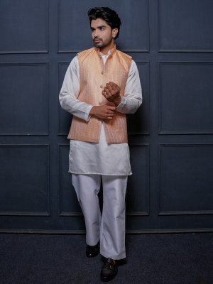 Men’s Peach Ethnic Jacket Kurta Pajama Set