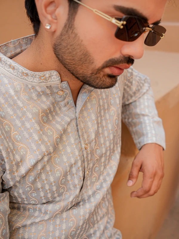 Mens Grey Woven Designer Kurta Elegant Festive Wear