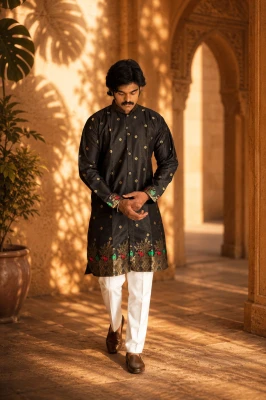 Black Bunaavat Pashu Baagh Jacquard Front Open Kurta - Black