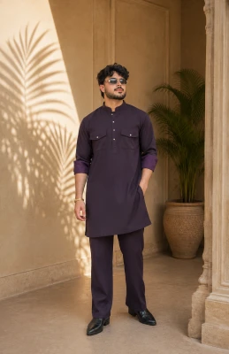 Vintage Wine Riwaayat Shastra Pathani Kurta Pant Set - Wine
