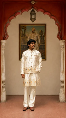 Ivory Bunaavat Pashu Baagh Jacquard Kurta with Koti - Ivory