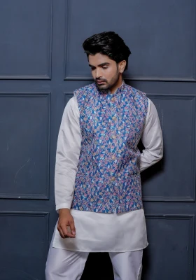 Royal Blue Riwaayat Sequin Embroidered Koti with Kurta - Blue